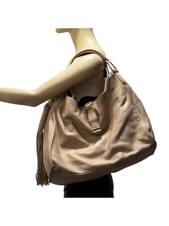Got it Love it Handbags - GILI Large Beige Leather Tote Bag With Gold Hardware & Fringe Tassel Accent